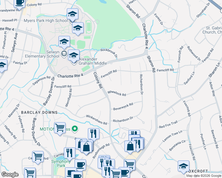map of restaurants, bars, coffee shops, grocery stores, and more near in Charlotte