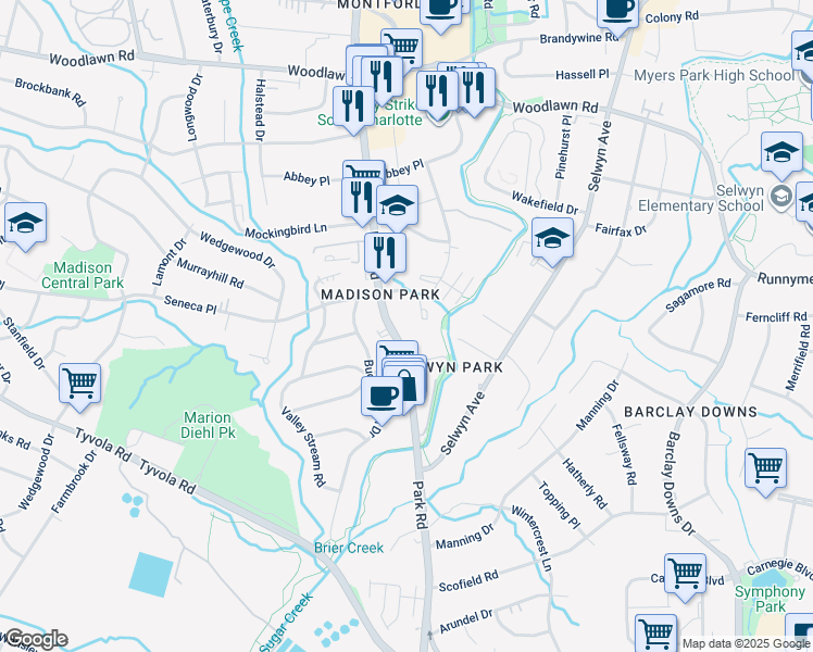 map of restaurants, bars, coffee shops, grocery stores, and more near 1509 Seneca Place in Charlotte