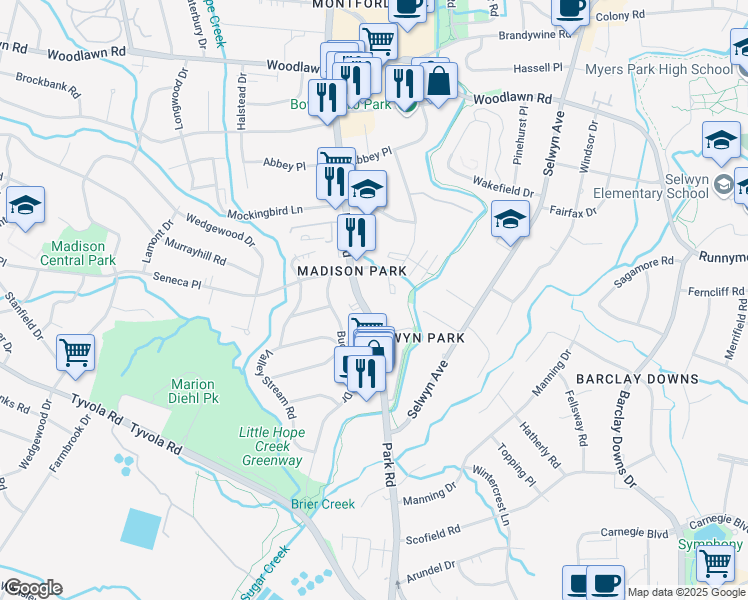 map of restaurants, bars, coffee shops, grocery stores, and more near 4832 Park Road in Charlotte