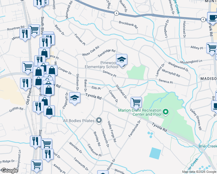 map of restaurants, bars, coffee shops, grocery stores, and more near 633 Cooper Drive in Charlotte