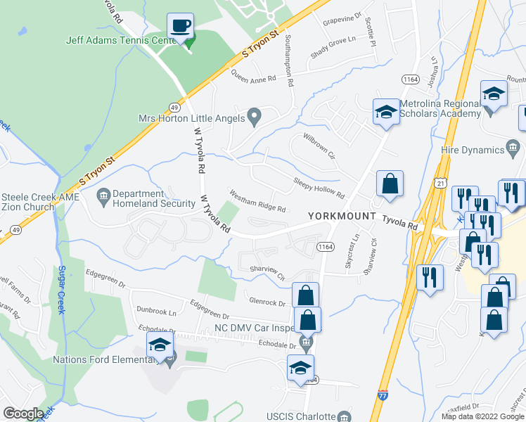 map of restaurants, bars, coffee shops, grocery stores, and more near 400 Westham Ridge Road in Charlotte