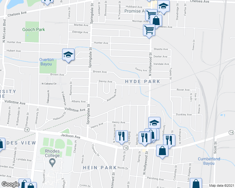map of restaurants, bars, coffee shops, grocery stores, and more near 2308 Alameda Avenue in Memphis