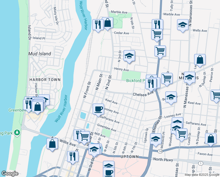 map of restaurants, bars, coffee shops, grocery stores, and more near 822 North 2nd Street in Memphis