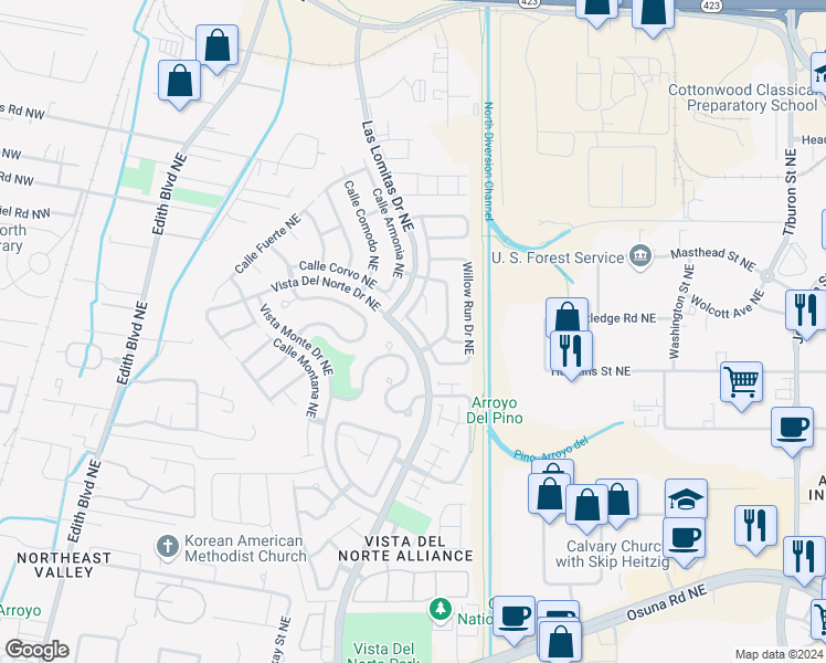 map of restaurants, bars, coffee shops, grocery stores, and more near 7505 Twisted Branch Street Northeast in Albuquerque