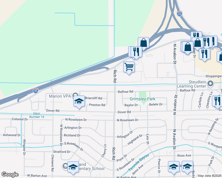 map of restaurants, bars, coffee shops, grocery stores, and more near 803 Balfour Road in West Memphis