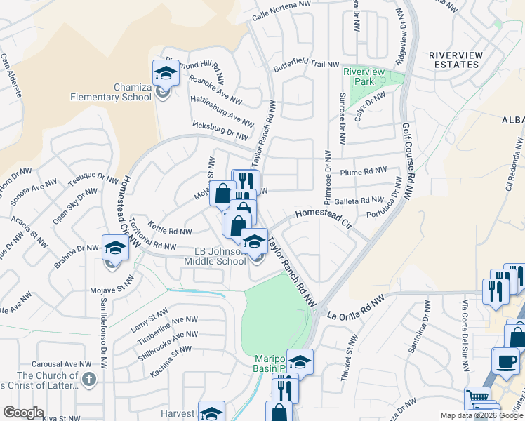 map of restaurants, bars, coffee shops, grocery stores, and more near 5100 Sooner Trail Northwest in Albuquerque