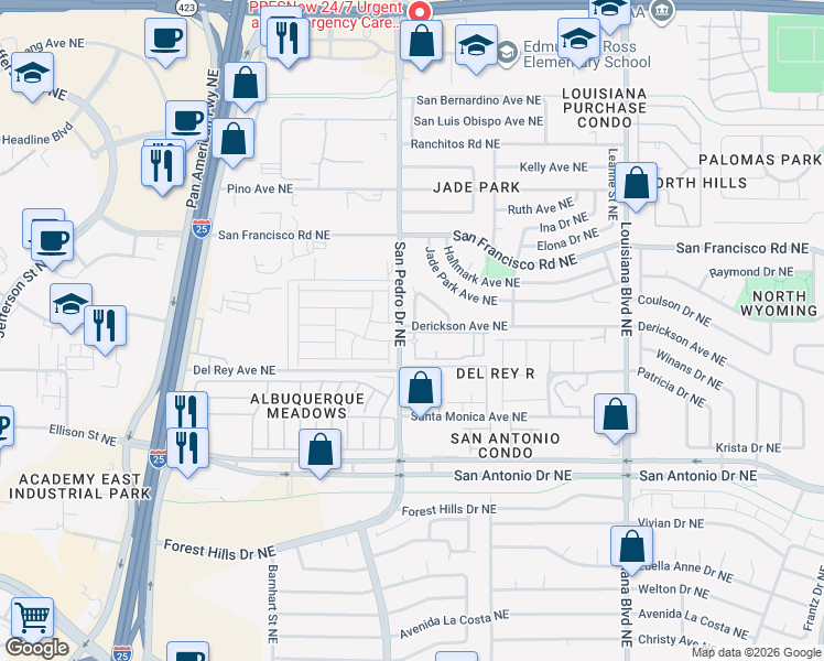map of restaurants, bars, coffee shops, grocery stores, and more near 7400 San Pedro Drive Northeast in Albuquerque