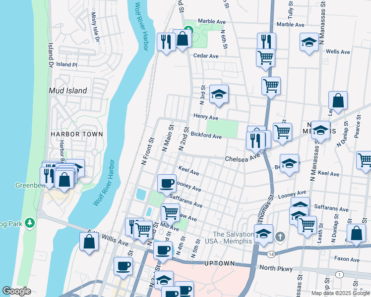 map of restaurants, bars, coffee shops, grocery stores, and more near 800 North 2nd Street in Memphis