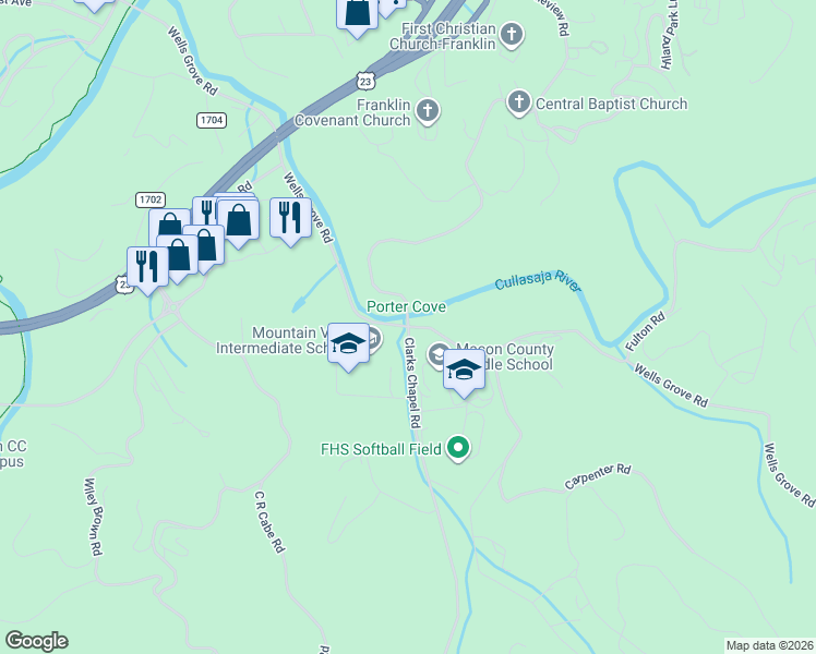 map of restaurants, bars, coffee shops, grocery stores, and more near 900-1142 Wells Grove Rd in Franklin