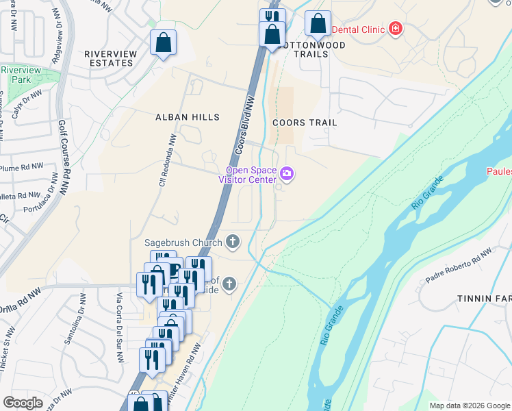map of restaurants, bars, coffee shops, grocery stores, and more near 6439 Bosque Meadows Place Northwest in Albuquerque