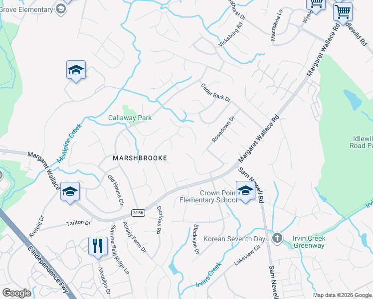 map of restaurants, bars, coffee shops, grocery stores, and more near 3518 Chistow Road in Matthews