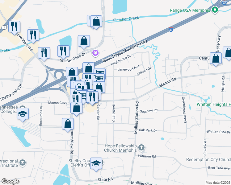 map of restaurants, bars, coffee shops, grocery stores, and more near 1439 Kinilwood Street in Memphis