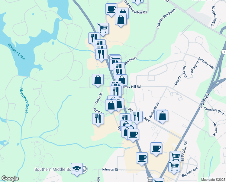 map of restaurants, bars, coffee shops, grocery stores, and more near 10796 U.S. 15 in Southern Pines