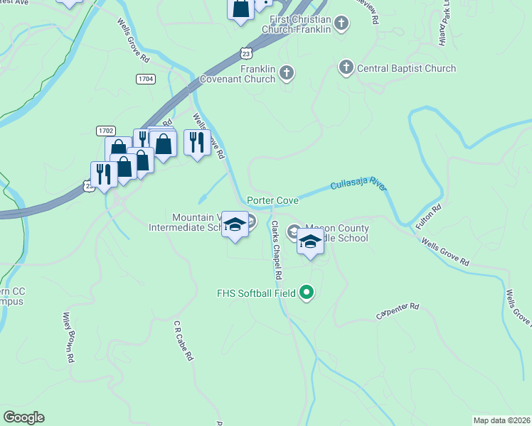map of restaurants, bars, coffee shops, grocery stores, and more near 1142 Wells Grove Rd in Franklin