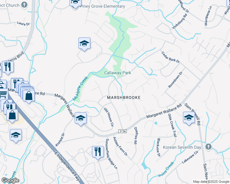map of restaurants, bars, coffee shops, grocery stores, and more near 3116 Gulfstream Court in Matthews