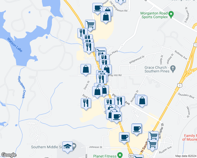 map of restaurants, bars, coffee shops, grocery stores, and more near 10796 U.S. 15 in Southern Pines