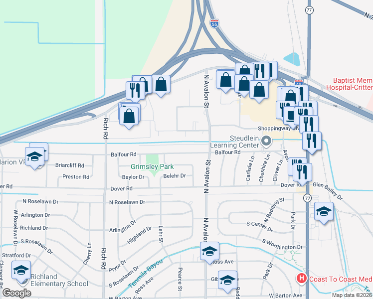map of restaurants, bars, coffee shops, grocery stores, and more near 505 Balfour Road in West Memphis