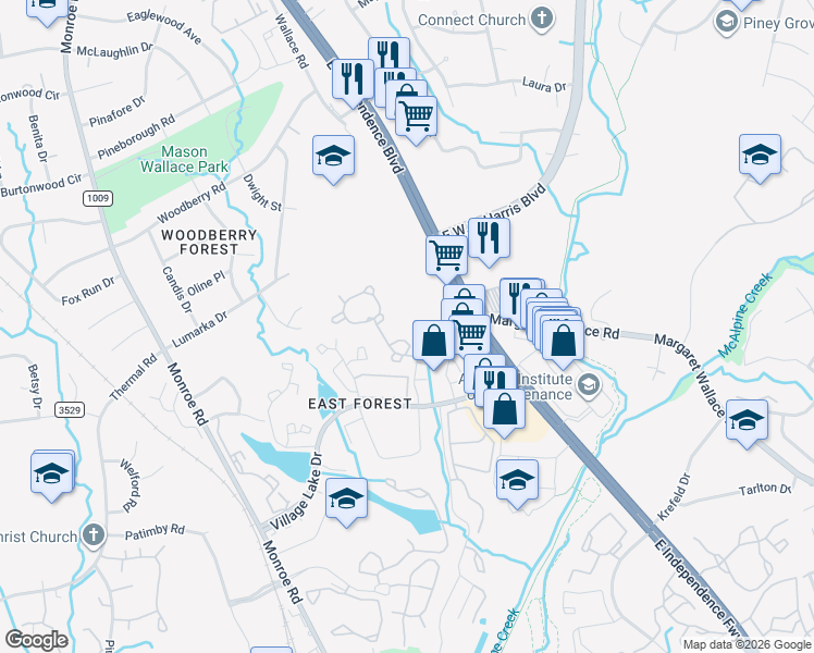map of restaurants, bars, coffee shops, grocery stores, and more near 2244 Winthrop Chase Drive in Charlotte