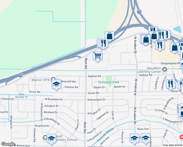 map of restaurants, bars, coffee shops, grocery stores, and more near 709 Balfour Road in West Memphis
