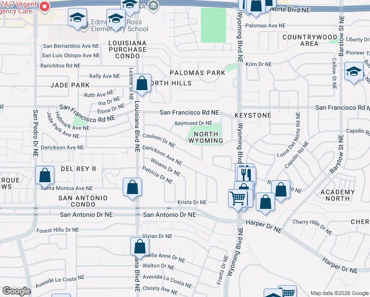 map of restaurants, bars, coffee shops, grocery stores, and more near 7400 Loma Del Norte Road Northeast in Albuquerque