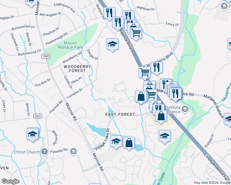 map of restaurants, bars, coffee shops, grocery stores, and more near 2145 Whispering Way in Charlotte