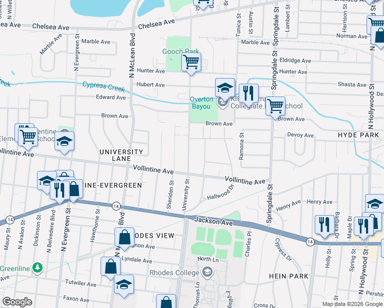 map of restaurants, bars, coffee shops, grocery stores, and more near 1004 University Street in Memphis