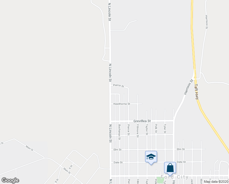 map of restaurants, bars, coffee shops, grocery stores, and more near 110 Ironwood Street in Taft