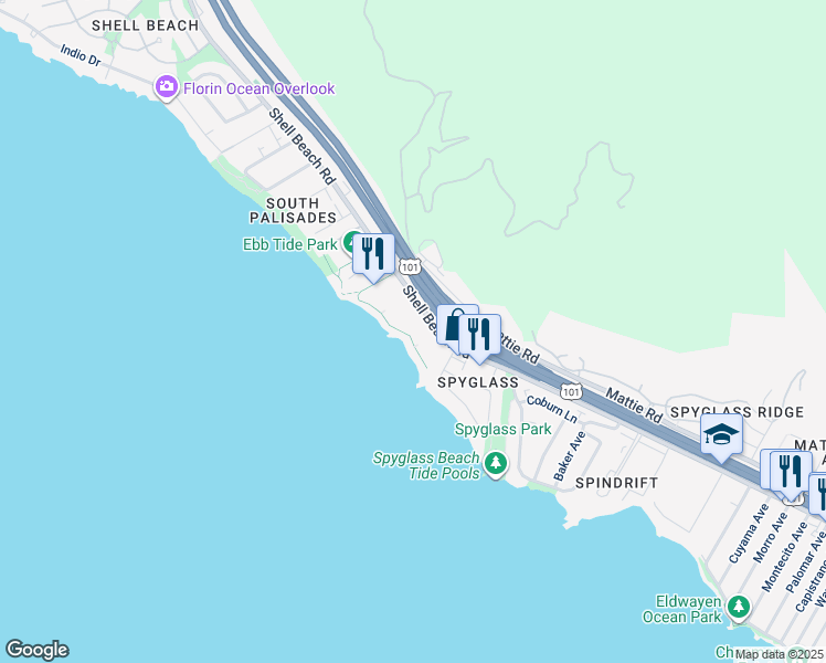 map of restaurants, bars, coffee shops, grocery stores, and more near 2727 Shell Beach Road in Pismo Beach
