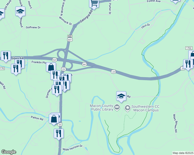 map of restaurants, bars, coffee shops, grocery stores, and more near 68 Firefly Lane in Franklin