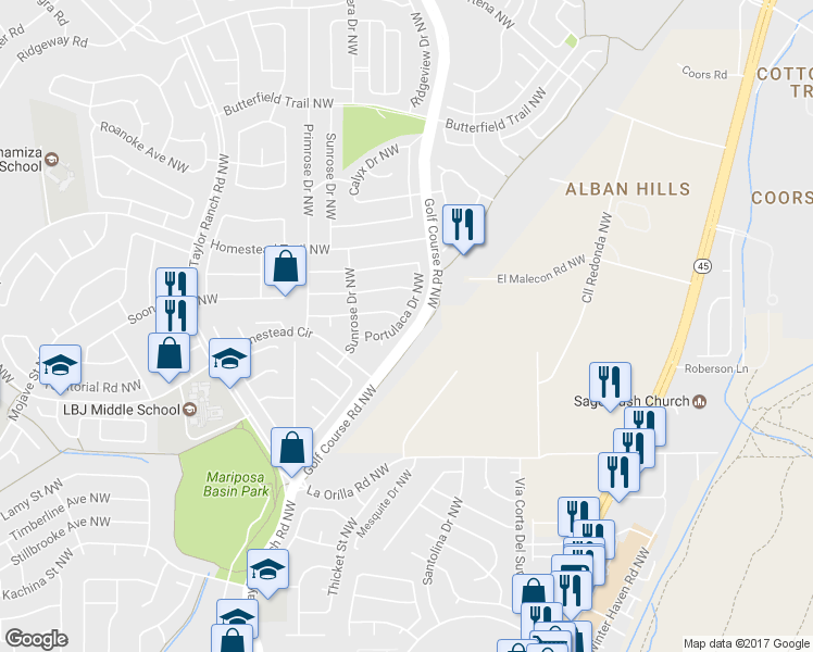 map of restaurants, bars, coffee shops, grocery stores, and more near 7208 Portulaca Drive Northwest in Albuquerque