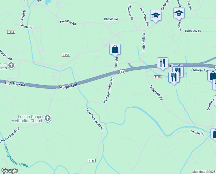 map of restaurants, bars, coffee shops, grocery stores, and more near 10 Bert Waldroop Road in Franklin