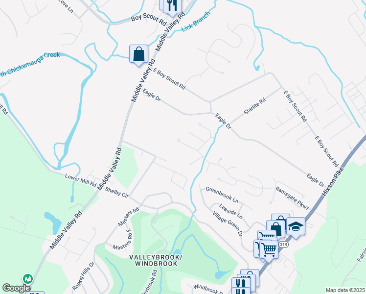 map of restaurants, bars, coffee shops, grocery stores, and more near 1513 Ramsgate Parkway in Middle Valley