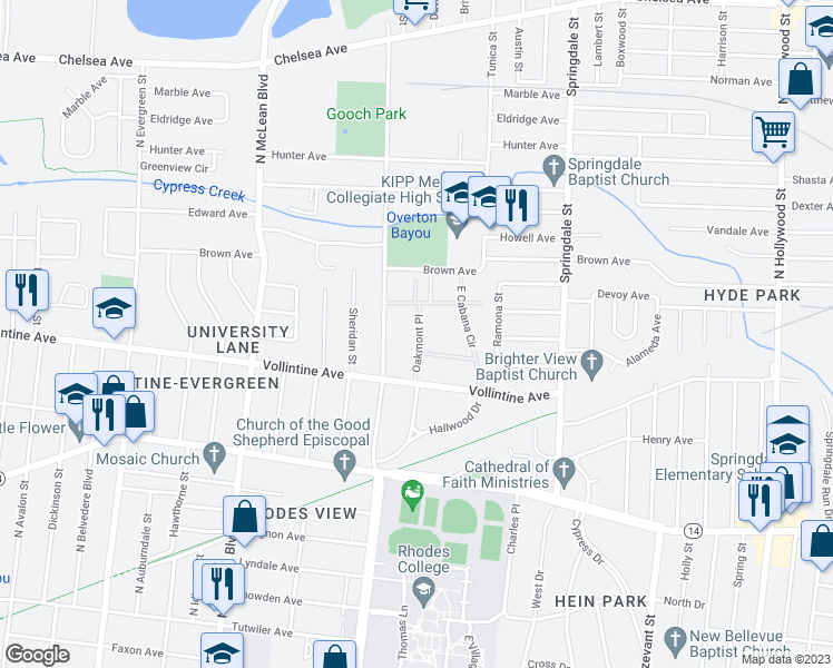map of restaurants, bars, coffee shops, grocery stores, and more near 989 Oakmont Place in Memphis
