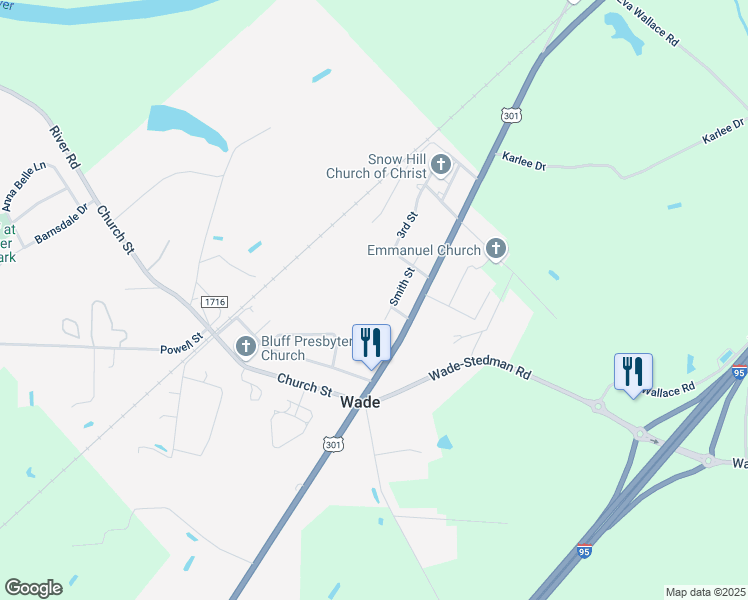 map of restaurants, bars, coffee shops, grocery stores, and more near 7257 Smith St in Wade