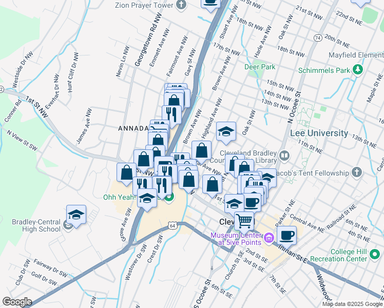 map of restaurants, bars, coffee shops, grocery stores, and more near 363 Highland Avenue Northwest in Cleveland