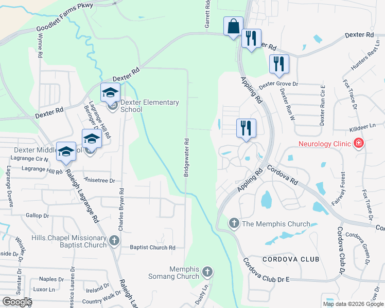 map of restaurants, bars, coffee shops, grocery stores, and more near 1418 Bridgewater Road in Shelby County