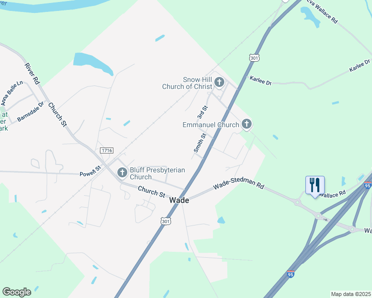 map of restaurants, bars, coffee shops, grocery stores, and more near 7257 Smith St in Wade