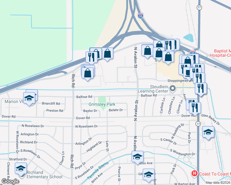 map of restaurants, bars, coffee shops, grocery stores, and more near 515 Balfour Road in West Memphis