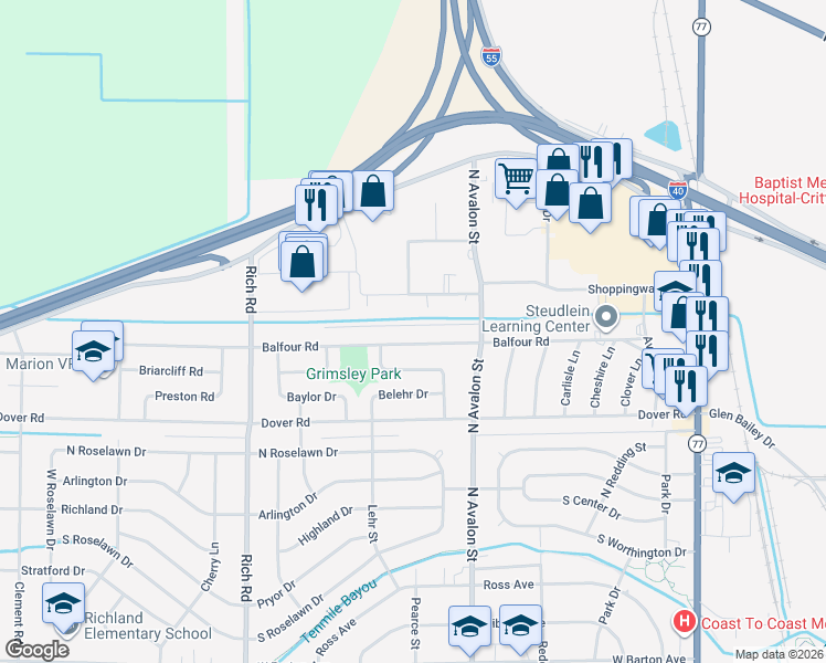 map of restaurants, bars, coffee shops, grocery stores, and more near 515 Balfour Road in West Memphis