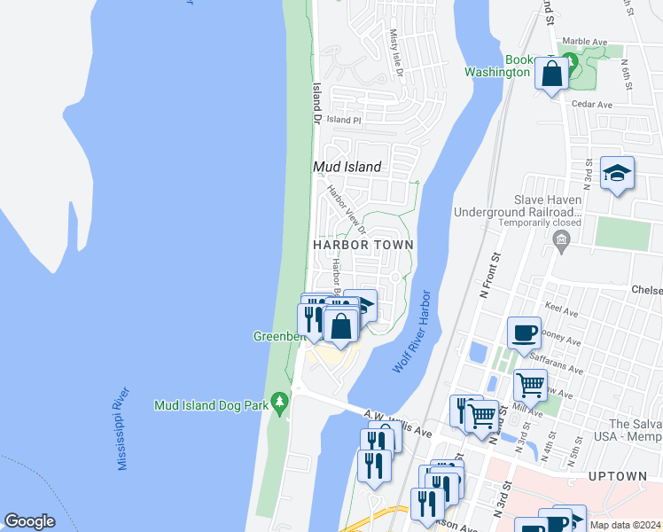 map of restaurants, bars, coffee shops, grocery stores, and more near 849 Harbor Isle Circle West in Memphis