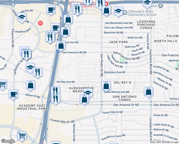 map of restaurants, bars, coffee shops, grocery stores, and more near 7401 San Pedro Drive Northeast in Albuquerque