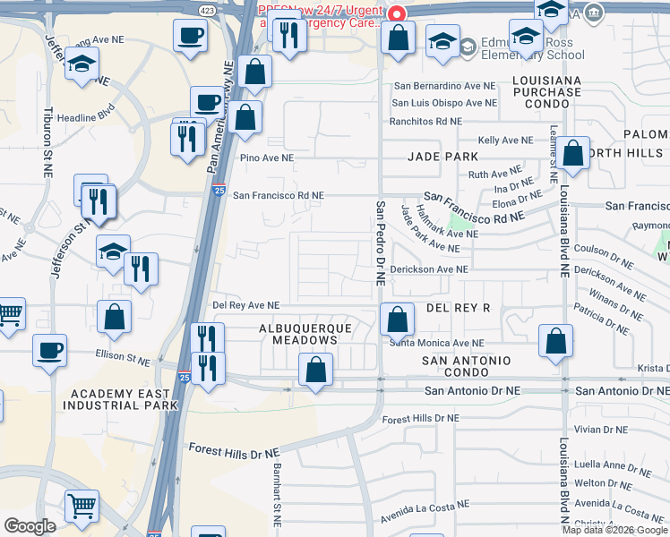map of restaurants, bars, coffee shops, grocery stores, and more near 7401 San Pedro Drive Northeast in Albuquerque