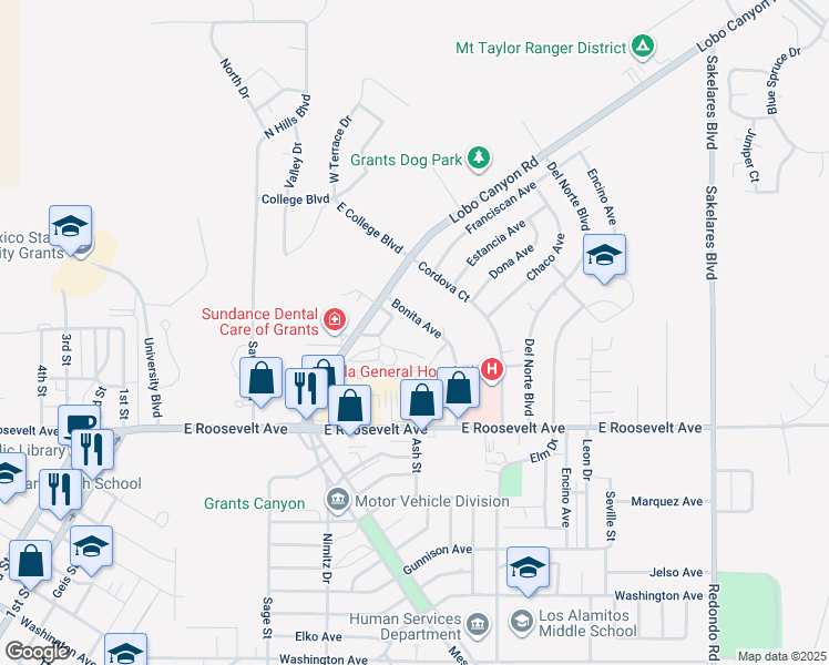 map of restaurants, bars, coffee shops, grocery stores, and more near 1069 Bonita Street in Grants