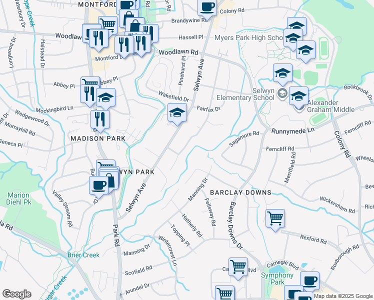 map of restaurants, bars, coffee shops, grocery stores, and more near 3427 Windsor Drive in Charlotte