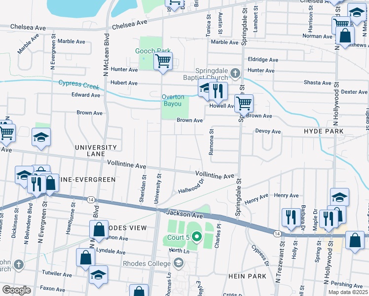 map of restaurants, bars, coffee shops, grocery stores, and more near 989 Oakmont Place in Memphis