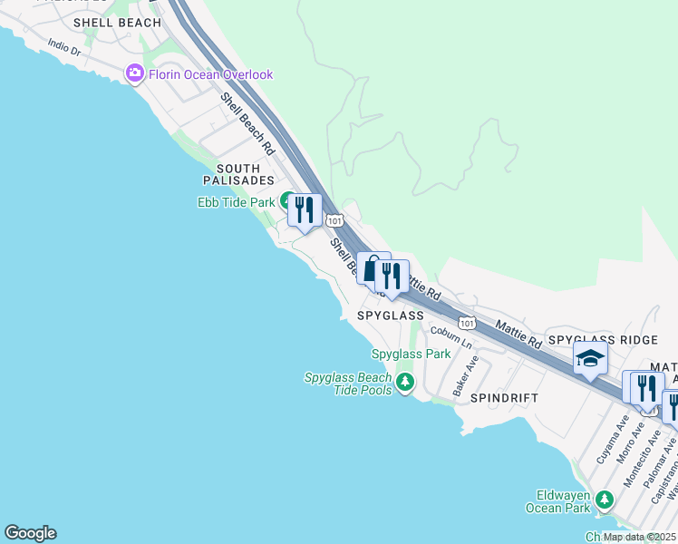 map of restaurants, bars, coffee shops, grocery stores, and more near 2727 Shell Beach Road in Pismo Beach