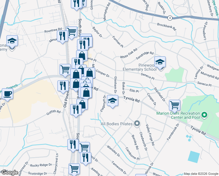 map of restaurants, bars, coffee shops, grocery stores, and more near 5316 Glenham Drive in Charlotte