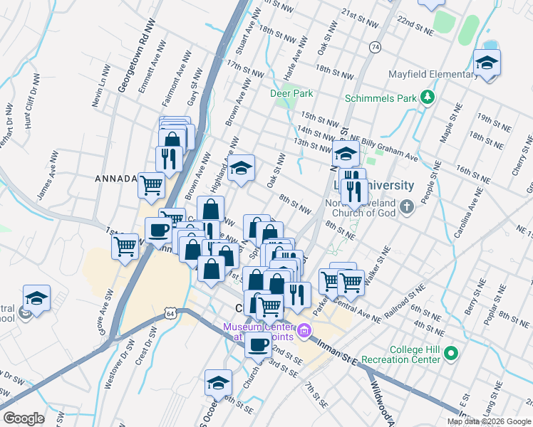map of restaurants, bars, coffee shops, grocery stores, and more near 663 Spring Street Northwest in Cleveland