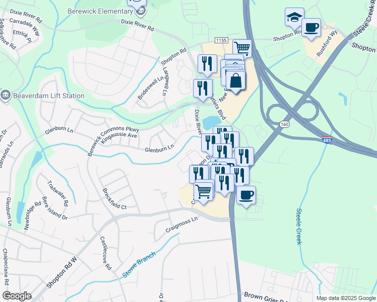 map of restaurants, bars, coffee shops, grocery stores, and more near 8836 Rachel Freeman Way in Charlotte