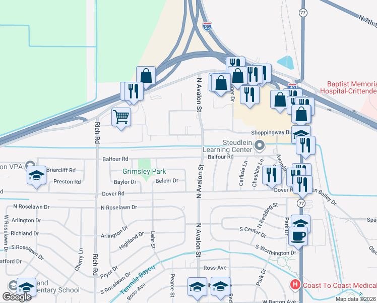 map of restaurants, bars, coffee shops, grocery stores, and more near 505 Balfour Road in West Memphis